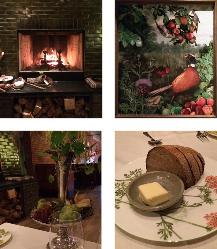 fireplace, pheasant painting, floral arrangement, bread